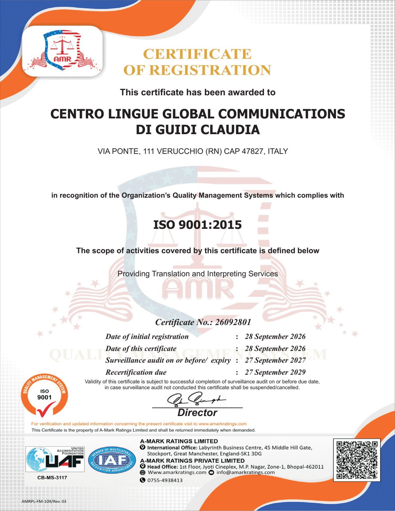 Certificato ISO 9001:2015 n. 26092801 rilasciato da A-Mark Ratings Limited a Centro Lingue Global Communications